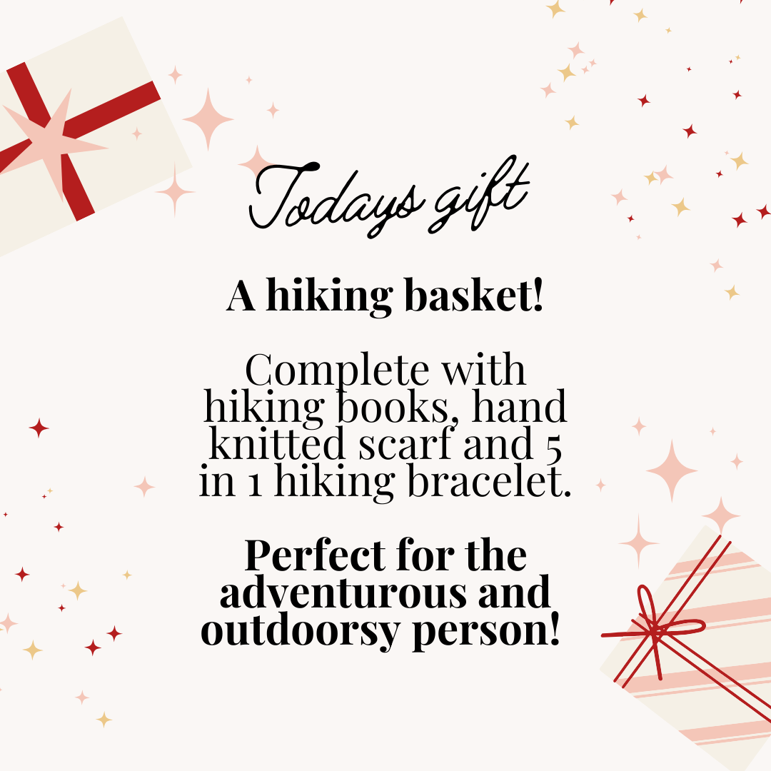 Day 3  Todays Holiday Bazaar gift is:     A hiking basket!  Complete with hiking books, hand knitted scarf and 5 in 1 hiking bracelet.  Perfect for the adventurous and outdoorsy person   