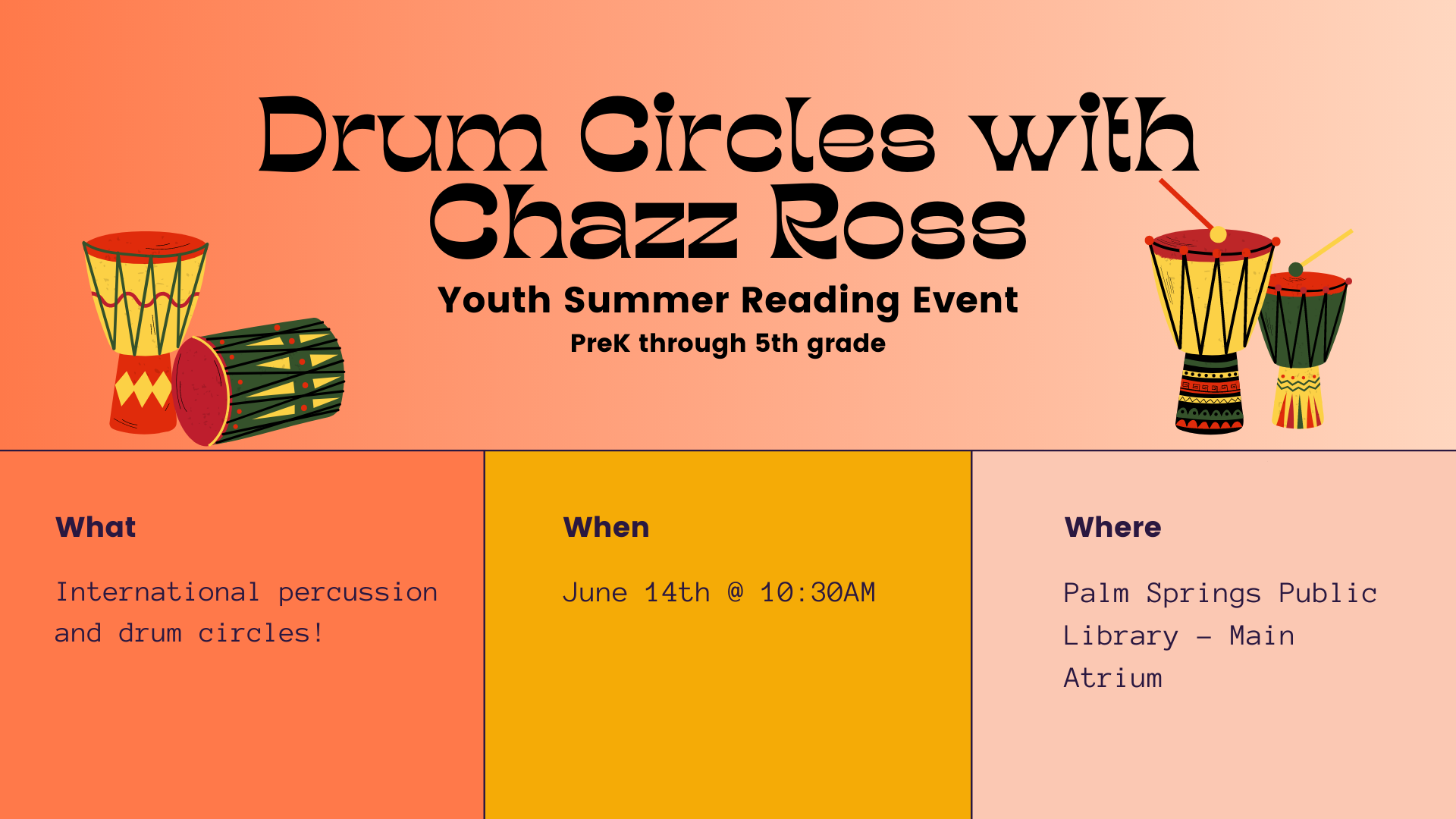 Youth Event: Drum Circle with Cazz Ross June 14 10:30 AM   