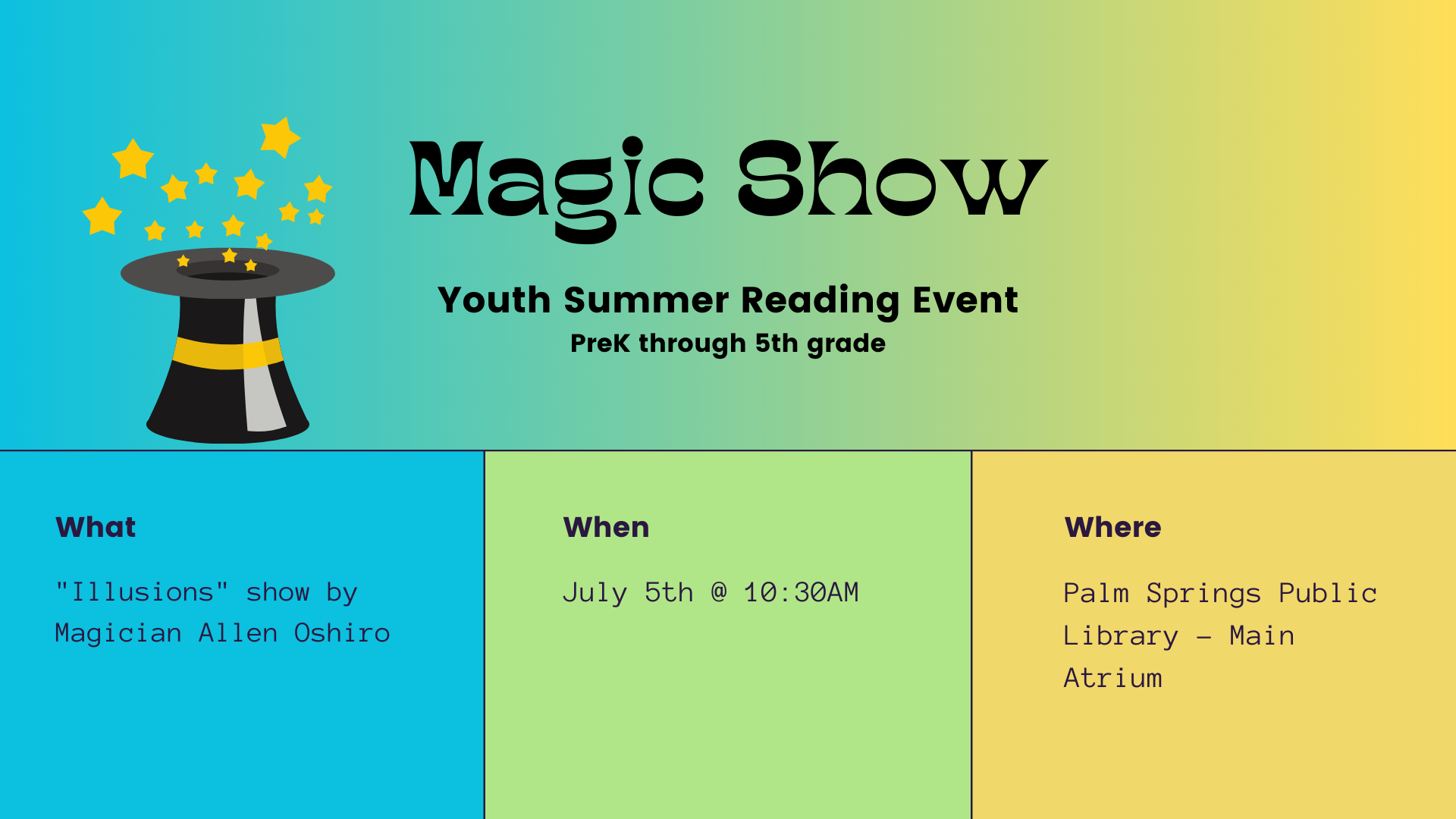 Youth Event: "Illusions" by Magician Allen Oshiro July 5 10:30 AM    