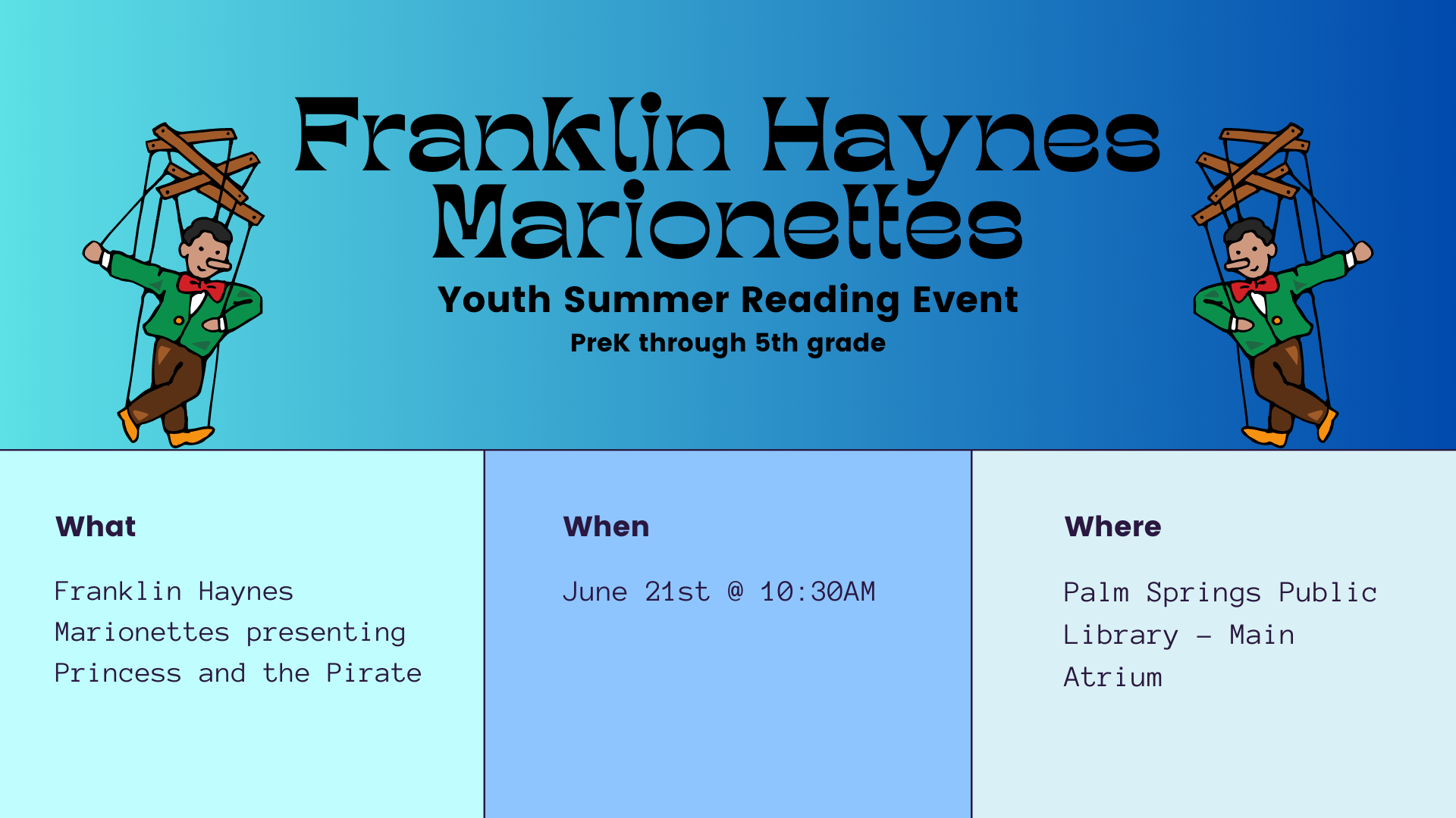 Youth Event: Franklin Haynes Marionettes Show! June 21 10:30 AM   