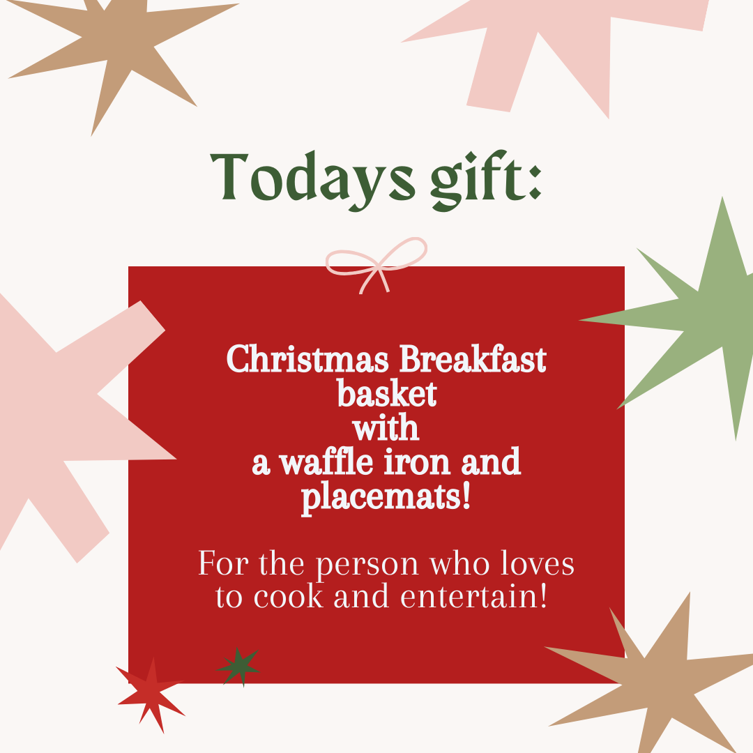 Day 4  Todays Holiday Bazaar gift is:    Christmas Breakfast basket with a waffle iron and placemats!  For the person who loves to cook and entertain!   