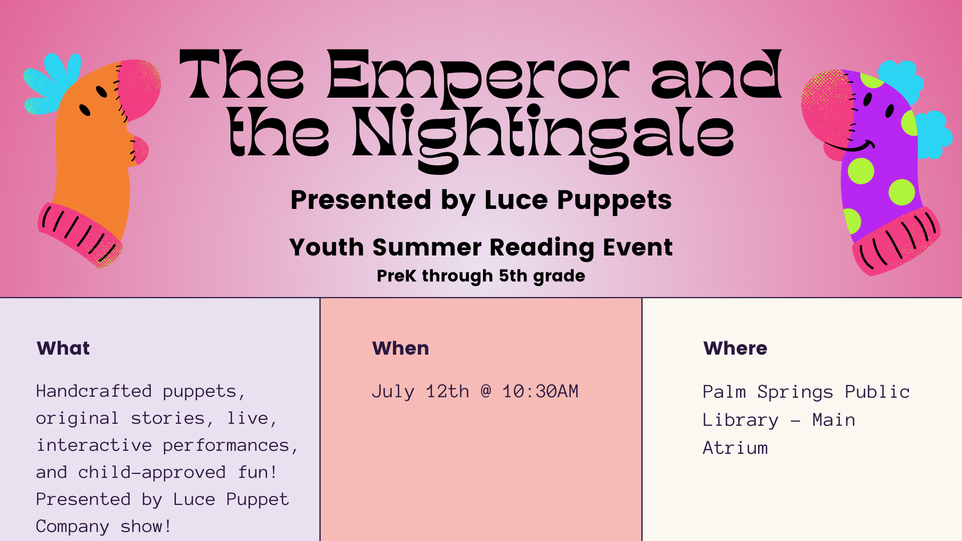 Youth Event: "The Emperor and the Nightingale" by Luce Puppets July 12 10:30 AM    